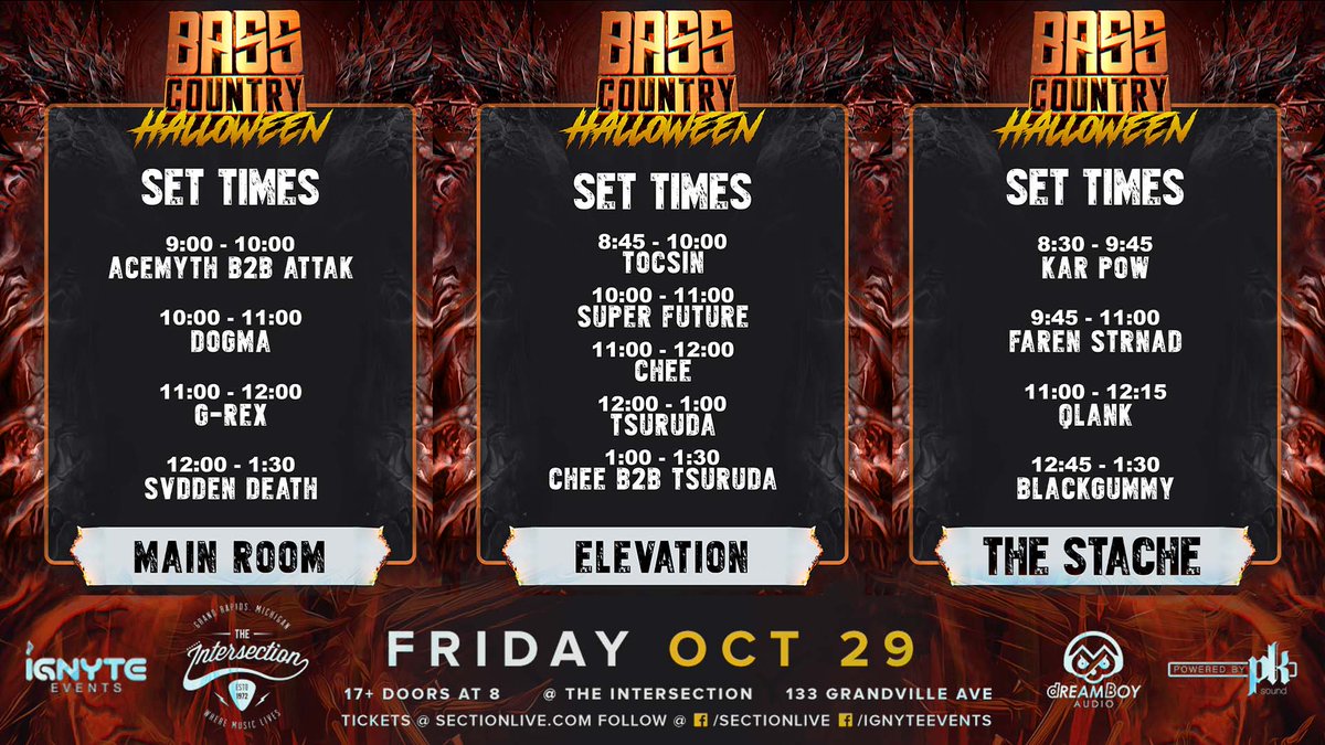 BassCountryMI's tweet photo. Here are the set times for this Friday's Bass Country Halloween at @sectionlive! https://t.co/ZyQ6xm5FWN