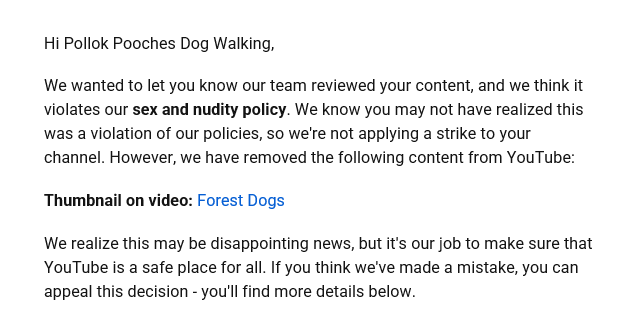 foxandthehen's tweet photo. @TeamYouTube have you all gone mental??? I cant appeal a photo of dogs being the thumbnail of a video of dogs because it contains nudity? wt actually f? https://t.co/wesh3M59Sq