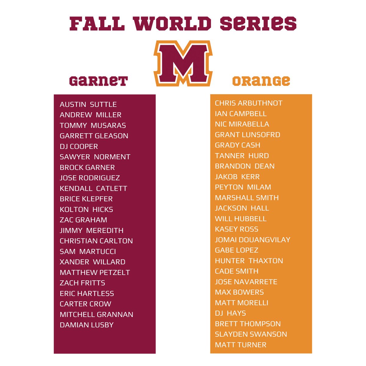 Fall World Series kicks off today! Here are your teams for the 3 game series. Be sure to stay tuned for pre+post game interviews. #scotsnation