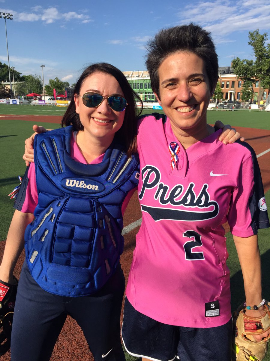 KHammCPR's tweet photo. Here’s the pitching/catching duo putting fear in the hearts of #Congress at the @CWSoftballGame. (It’s what they do when they aren’t dropping knowledge on @NewsHour on #PoliticsMonday.) #GoBabes #BeatCongress #BeatCancer https://t.co/SaEjuoB6yG