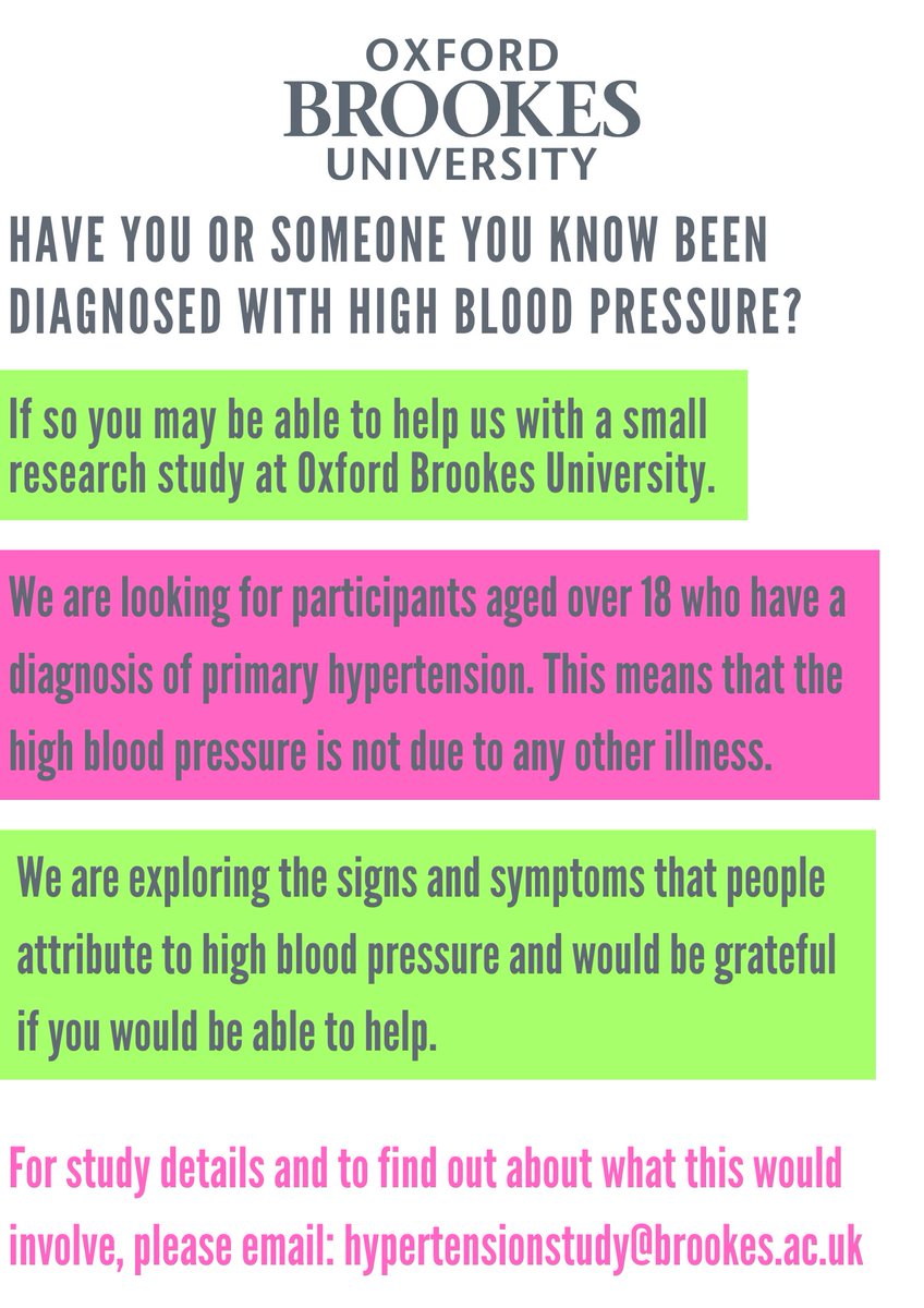 Participants with diagnosed primary hypertension are invited to take part in this exciting new study, aiming to research any symptoms associated with the condition. Further details below. #knowyourBPnumbers #hypertension #primaryhypertension #oxfordbrookesuniversity #oxford