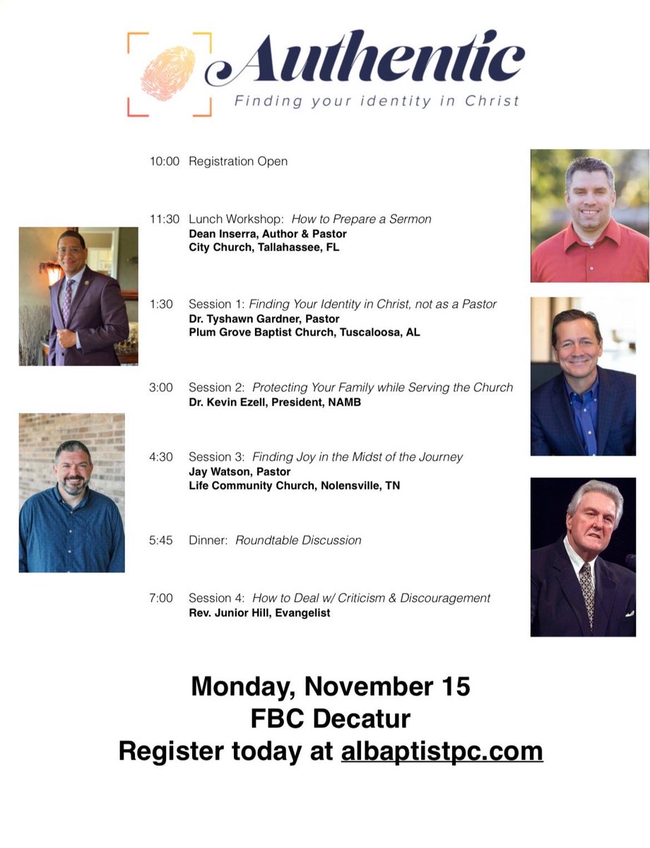 bskersey's tweet photo. Alabama pastors, student pastors, and all ministers—I encourage you to join us for this year’s Pastor’s Conference on Nov 15 @fbcdecatural. I’m excited to have @deaninserra @kevezell @watsonjay as well as Junior Hill and Dr. Tyshawn Gardner leading us. Pre-register by 11/10 https://t.co/6faV9dM6k5