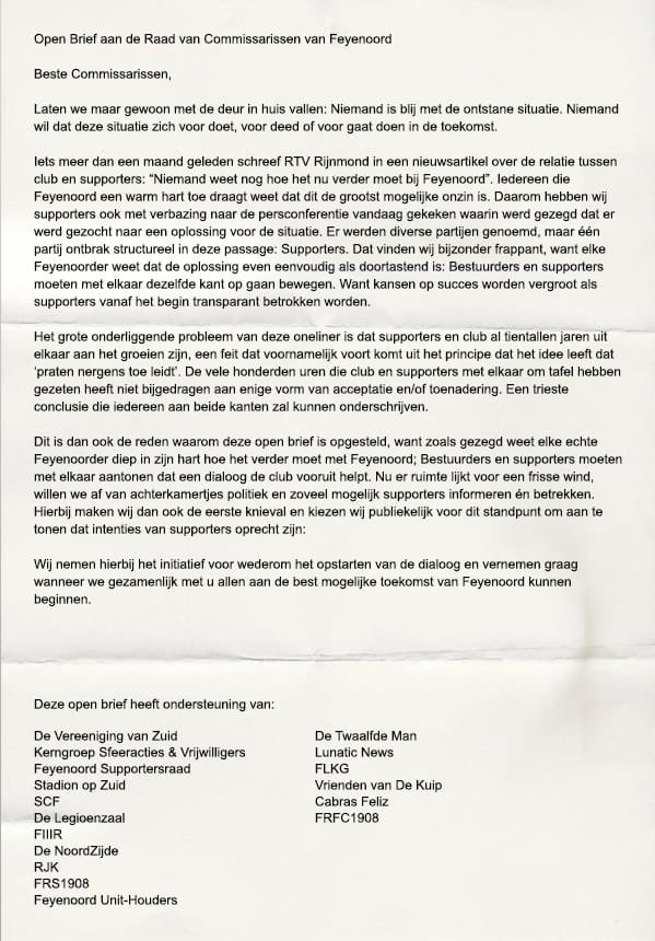 DeFeijenoorder's tweet photo. Als supportersvereniging van en voor iedereen omarmen wij elk initiatief om met elkaar de dialoog te vinden. Daarom plaatsen ook wij onderstaande open brief. Elke poging om de huidige impasse te verbreken verdient een kans! https://t.co/yakSzfT4qk