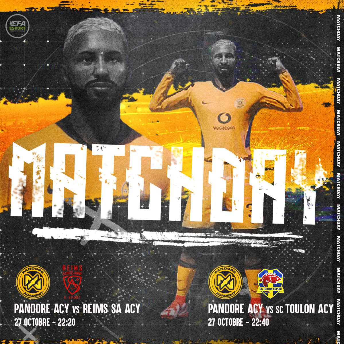 🟡⚫️Match Day⚫️🟡

🏆<a href="/eSportFA_FR/">ESPORT FOR ASSOCIATIONS</a>

Division 3 : Conférence 1

🗓️J7
🕖22:20
🏠<a href="/RSAEsport/">Section eSport Reims Sainte-Anne</a> 

🗓️J8
🕖22:40
🏠@EspoirToulon

📺twitch.tv/pandoreacademy

🟡⚫️Let's go Pandore⚫️🟡