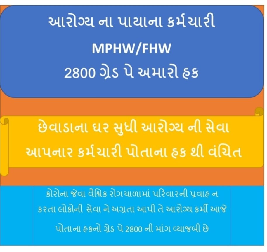 #Health_Police2800GP
Mphw fhw નેં ઠાલાં વચનો ની જરૂર નથી
કોરોના પ્રમાણ પત્રોની જરૂર નથી 120 દિ નાં પગાર અને 2800 ગેડ પે ની જરૂરિયાત છે સાહેબ
<a href="/brijeshmeja1/">Brijesh Merja</a> @Rushikeshmla <a href="/CMOGuj/">CMO Gujarat</a> <a href="/CRPaatil/">C R Paatil</a> <a href="/Bhupendrapbjp/">Bhupendra Patel</a> <a href="/BJP4Gujarat/">BJP Gujarat</a>  ટેકનીકલ કર્મચારી હોવા છતાં ટેકનીકલ ગણવામાં નથી આવતાં