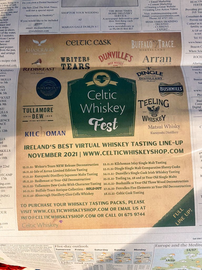 Celticwhiskey's tweet photo. Our #CelticWhiskeyFest line up looking well in today's @IrishTimes 

Don't miss your chance to take part in this incredible selection of virtual whiskey tastings this November:
https://t.co/W0n7fkQEq2 https://t.co/7qVMV3lays