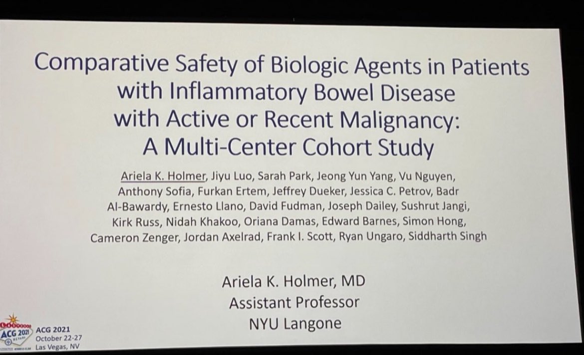 Great presentation by @HolmerMd at @AmCollegeGastro on #IBD and #malignancy. Anti-TNFs and non anti-TNF biologics had comparable safety in patients with active cancer and in recent cancer. #REACHIBD @CrohnsColitisFn @nyulangone @DrJordanAxelrad @EdBarnesMD @SimonHongMD