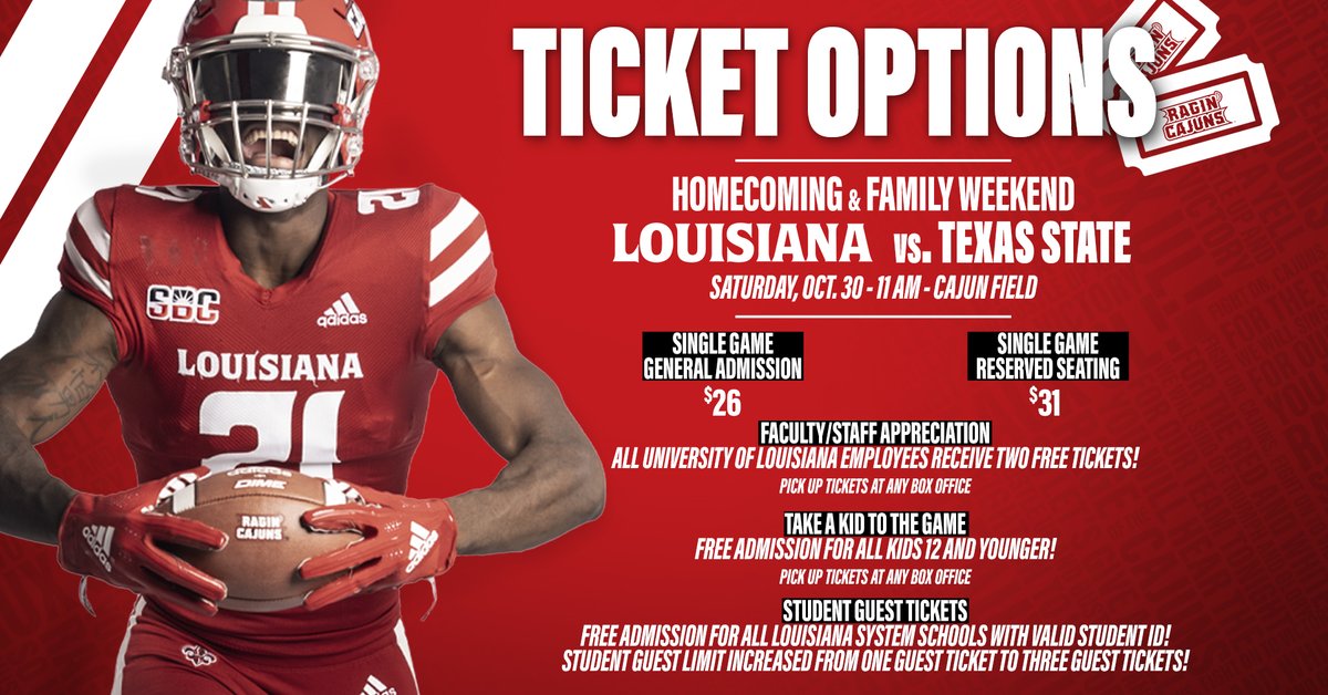 RaginCajuns's tweet photo. Come on Home ๐ค
All your Homecoming ticket options (a thread ๐งต)
#GeauxCajuns โ https://t.co/sJwmMBdjts