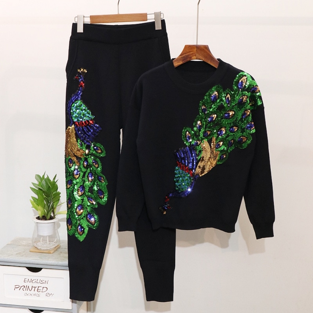 #shop #accessories 2019 Women Two Piece Set knitted Tracksuit Autumn Fashion Beading Peacock Long sleeve Sweater + Pants Set Casual Women Clothes https://t.co/APGNwPahqw https://t.co/2FOOvNuung