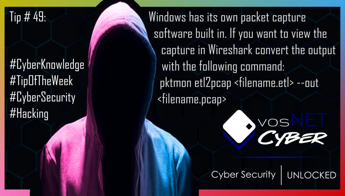 vosNETCyber's tweet photo. Windows has its own packet capture software built in. If you want to view the capture in Wireshark convert the output with the following command:
pktmon etl2pcap <filename.etl> --out <filename.pcap>
#CyberKnowledge #TipOfTheWeek #CyberSecurity #Hacking https://t.co/nZ6z3nozrY
