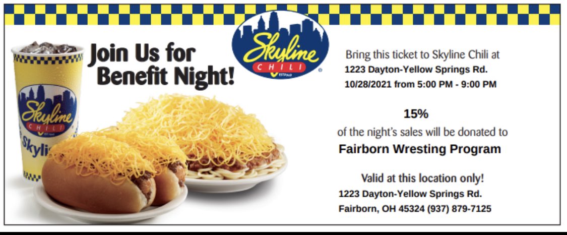 SkyhawksWrestle's tweet photo. October 28th 5-9pm!
Save this flyer to your phone, and then show it when paying for your meal. 15% of the sales will be donated to help support the Fairborn Wrestling Program! (grades 7-12)
Thanks for your support, and GO HAWKS!!! @SkyhawksSports1 @FairbornSkyhawk @FairbornHS https://t.co/lv02waSbkG