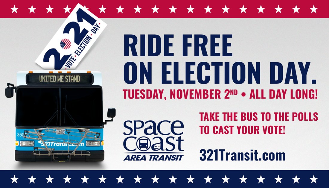 321Transit's tweet photo. RIDE FREE on Election Day, November 2, 2021! Visit https://t.co/4UxkIcYRXE to plan your trip and let #SpaceCoastAreaTransit take you to the polls on November 2! #321Transit #MobilityWeekCFL
@BrevardCo_FL https://t.co/P8d9uzYQ58