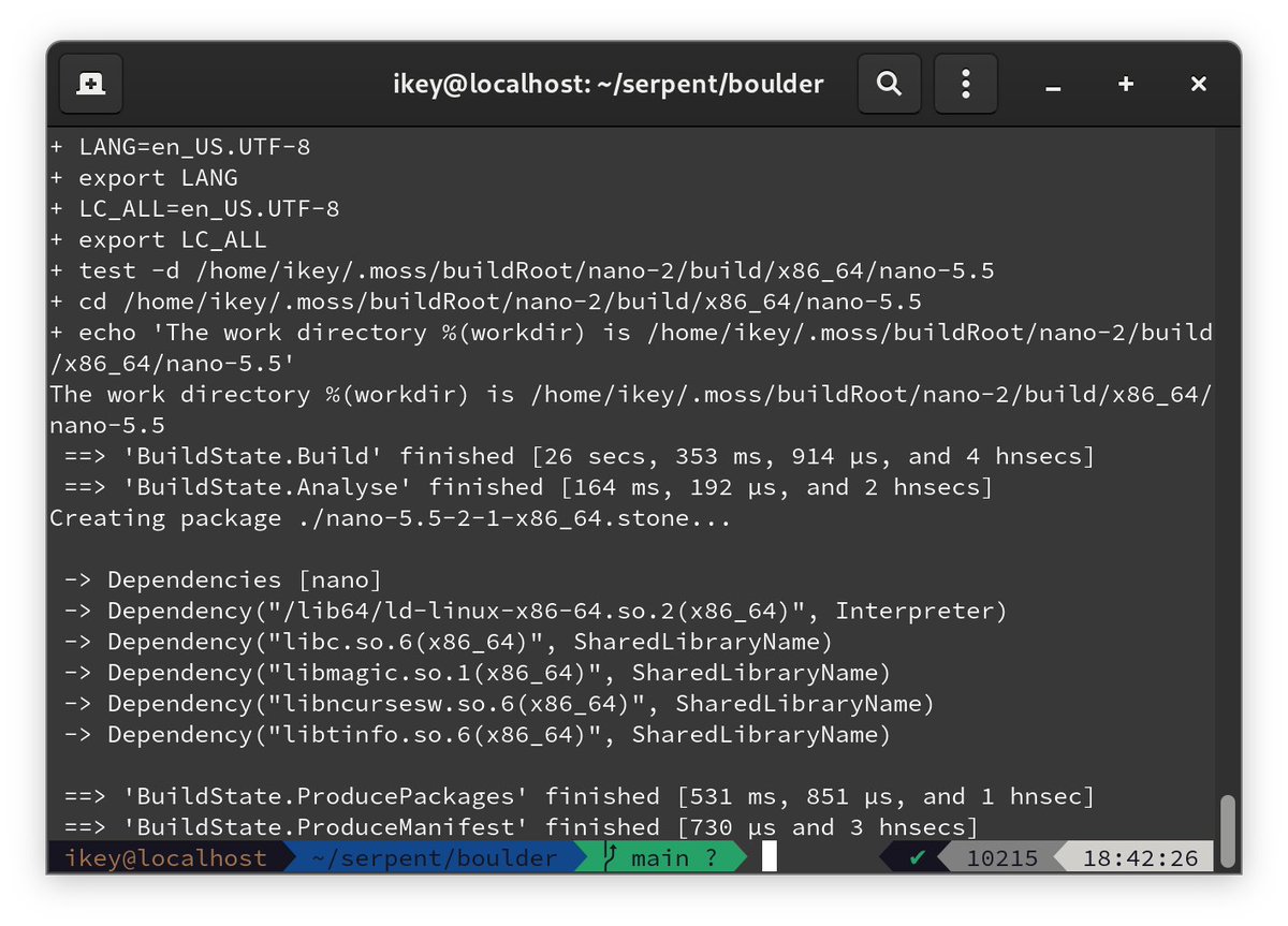 Serpent_OS's tweet photo. OK a whole bunch of work later, we've now got boulder automatically detecting shared library and interpreter dependencies. We'll refine this to more types as we go along, but now we can add a repository with real working dependencies and quickly exit bootstrap.

Winning. https://t.co/CCYFlfajcy