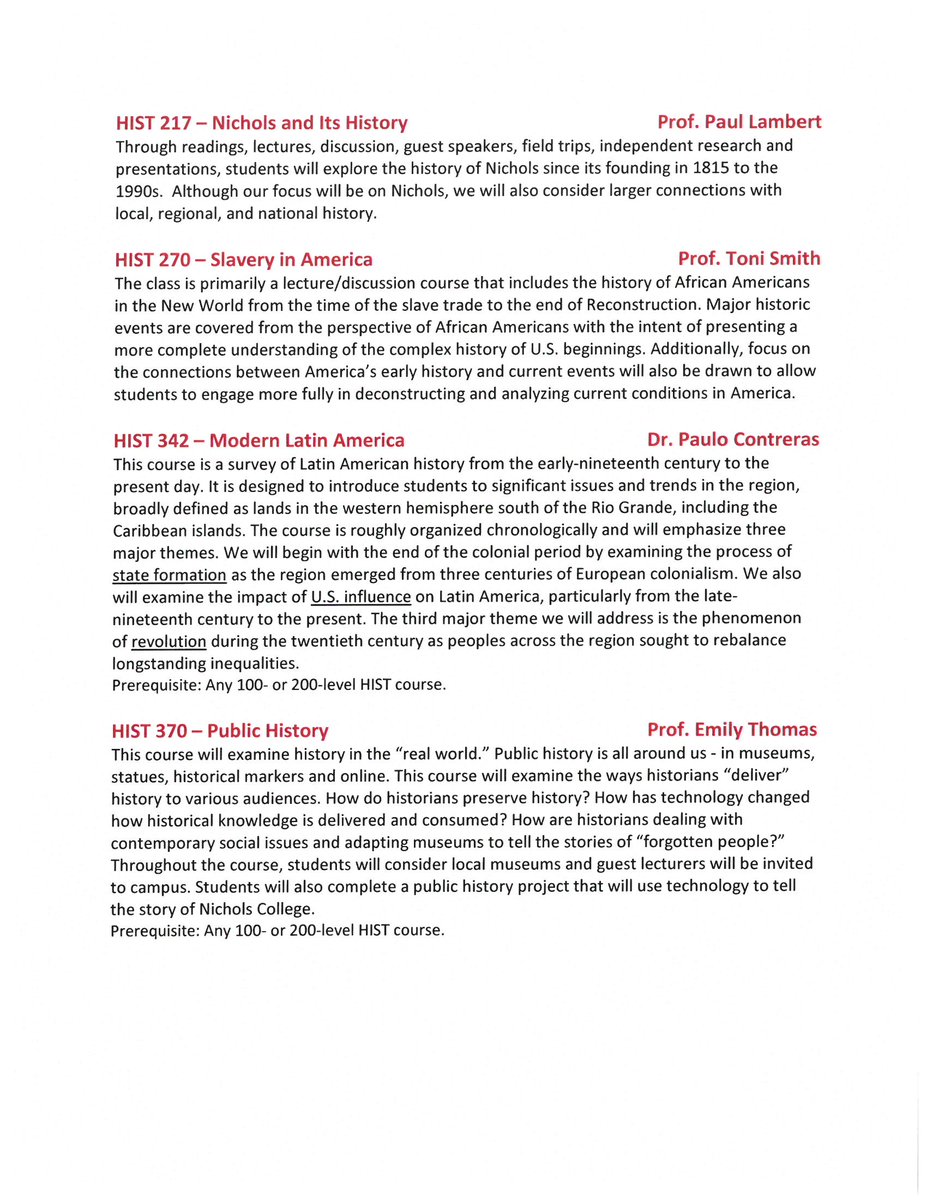Nichols_History's tweet photo. Announcing our Spring 2022 lineup of courses. Contact Program Chair @mikeneagle for more info and/or to sign up for a HIST minor. @Nichols_College @NicholsAdvising @NC_HistoryClub #GoBooksGoBison https://t.co/qwQWy35fiH