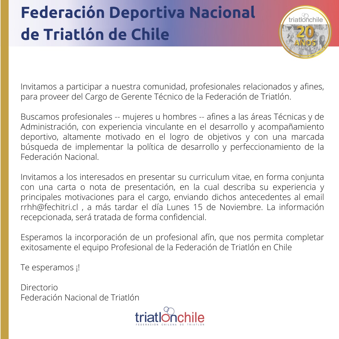Trichile's tweet photo. Fechitri invita a postularse para el cargo de Gerente Técnico

La federación está en la búsqueda de “profesionales (mujeres u hombres) afines a las áreas técnicas y de administración ✅🏊🏼‍♀️🚴🏼🏃🏽”.

⚡ Detalles https://t.co/8V961sw624

#TrichileNews #Fechitri #GerenteTecnico #Postula https://t.co/j6W9vVXRzV