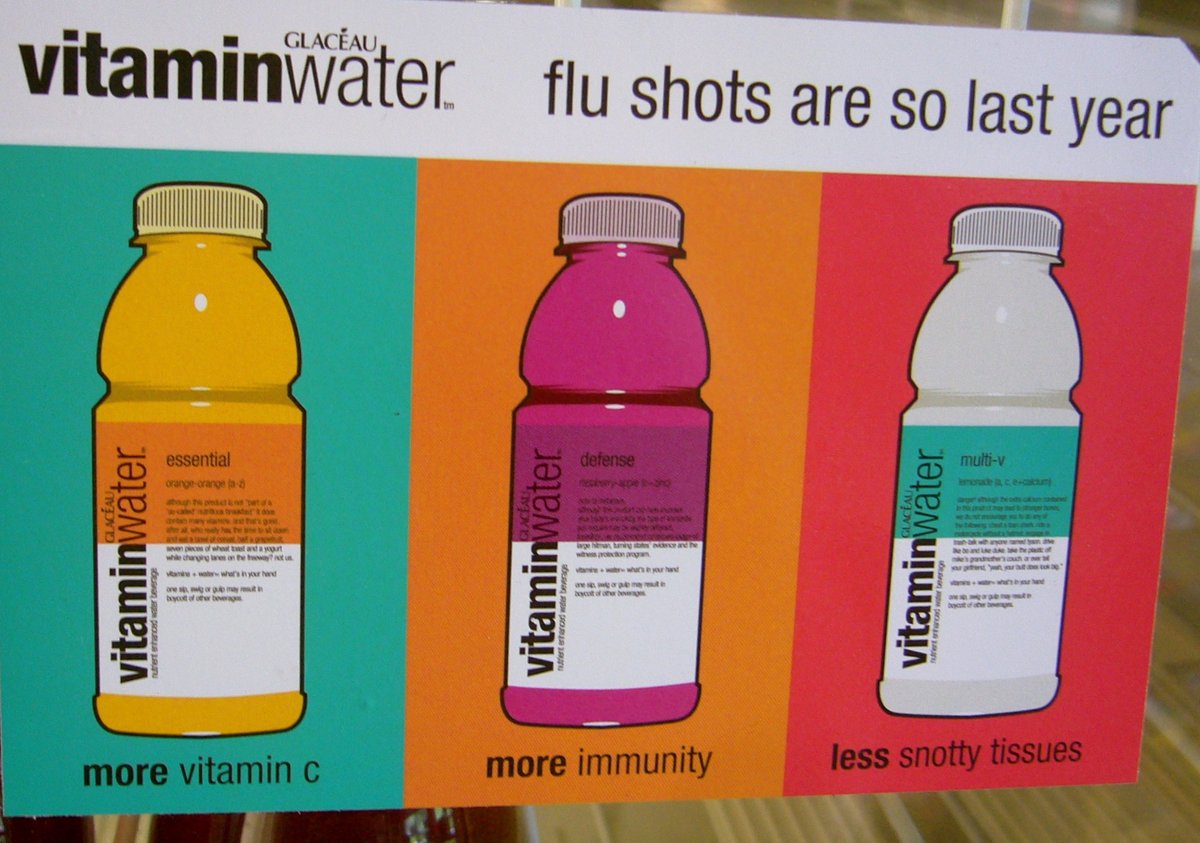 WasabiSabi76's tweet photo. Here is an example of a marketing campaign that could be unethical. Vitamin water is promoting their new line of waters but the statements tell the audience their water is a substitute for flu shots. Leave out the flu shot part and you're good. #RHUB290 https://t.co/z6jHEnaVkY