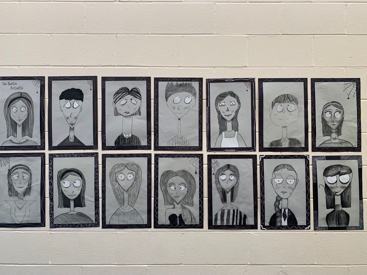 Ascension_K8's tweet photo. Look at these amazing Tim Burton Portraits our middle school students made in one of their art electives, 2D Art,  using charcoal!
#FaithfulAndStrong #GatorsAlwaysTogether https://t.co/2egxUnDA75