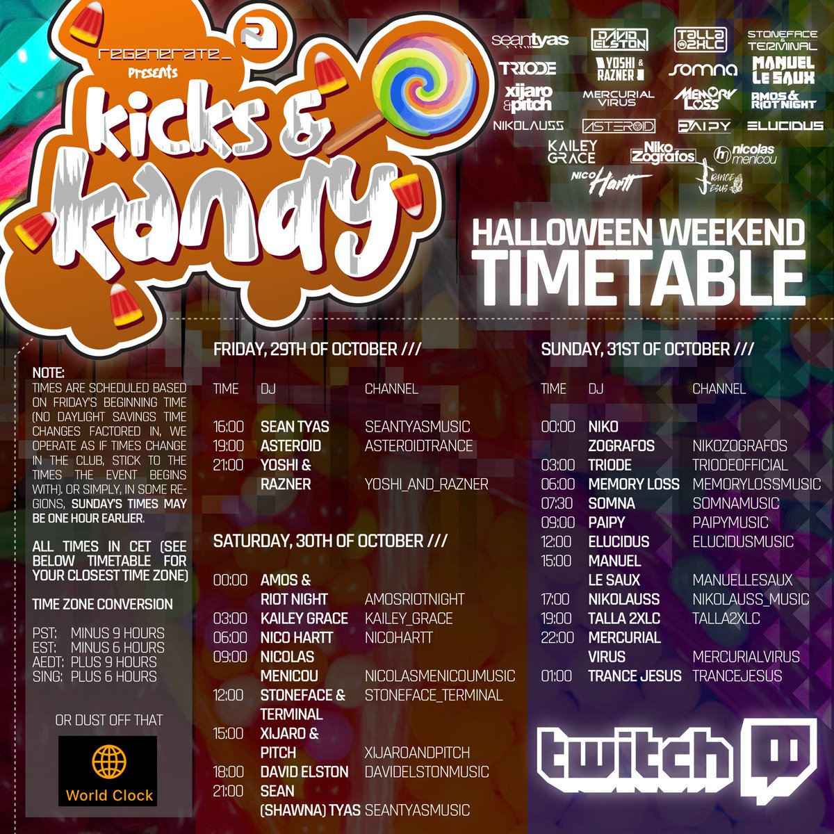 This Saturday I’m back on streaming duties playing right after trance legend  <a href="/seantyas/">Sean Tyas</a> on Twitch event “Kicks &amp; Kandy”, a Regeneraider event! <a href="/regeneraterecs/">Regenerate Records</a> 

I’ll be playing a 3 hour set starting at 
3pm PST | 6PM EST | 12AM CET🔥