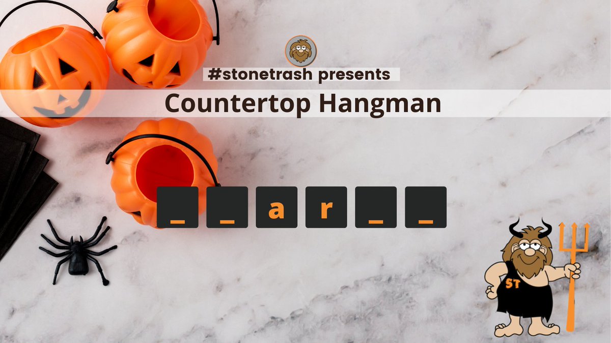 Stonetrashhq's tweet photo. Can you help Stoney figure out the countertop-related word? He will gift any who try 10% off their tile or stone slab order!
#games #hangman #stonetrash #onlinegames #deals #dealsonline #countertopdeals #tiledeals https://t.co/5mpVlvTZMJ