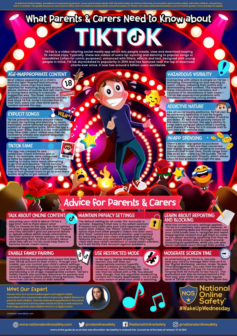 It’s TikTok o’clock 🕺🎤! This week we are looking at the newly revamped guide to #TikTok from @natonlinesafety. From 'age in-appropriate content' to its newest 'in-app spending' feature, are your children using the platform safely? Download for free &gt;&gt; hubs.ly/H0-7Nz_0