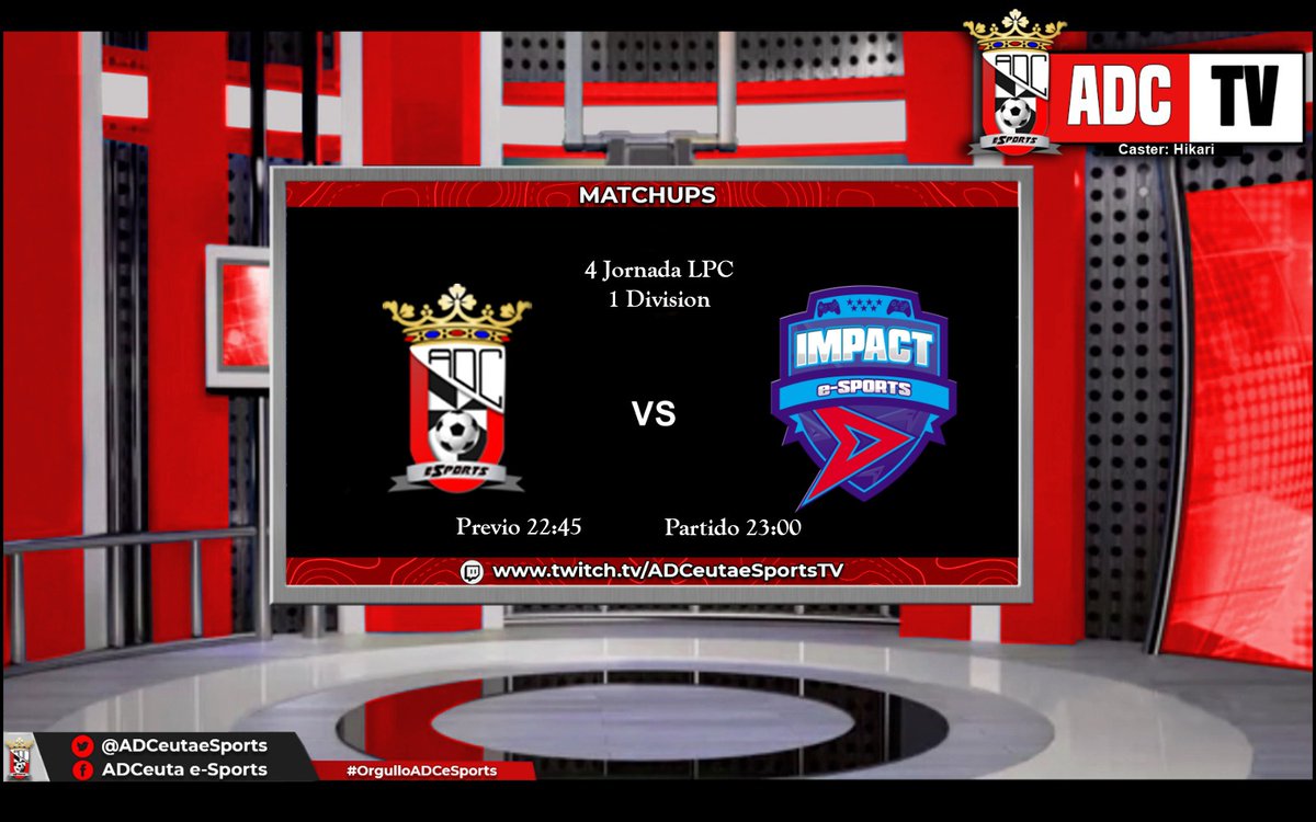 ⚽️Match Day⚽️27/10/2021🗓

📅 Jornada 4 @LigaProClubes1
🏟 @ADCeutaeSports 🆚 @ImpactGame_PS4 ⏰22:30 PREVIO / 22:40 PARTIDO

👉Tras el empate del último partido toca volver a la senda de la victora para seguir arriba

🎙️@Koaru_sensei
🖥️ Twitch.tv/ADCeutaeSports…

#OrgulloKaballa