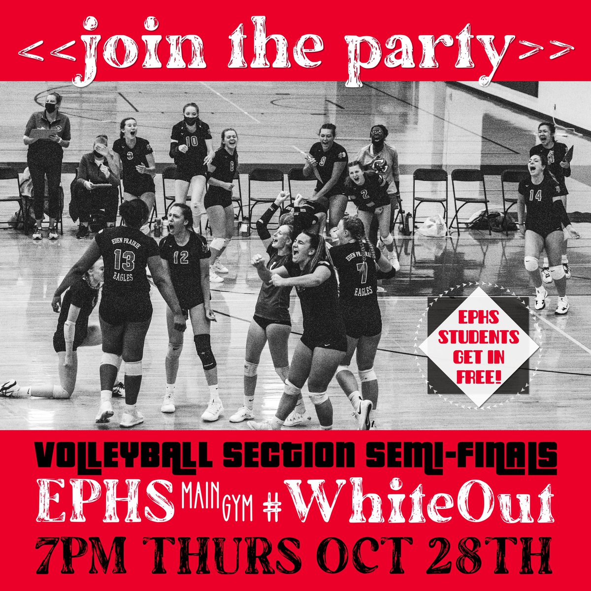 🚨 EPHS!!! 🚨
EPVB is playing in the section semi-final tomorrow vs. Minnetonka, 7pm at HOME‼️ EPHS students get in free with an ID (or campus portal)‼️ #epvb #EagleNation #EPHSinspire❤🏐🦅