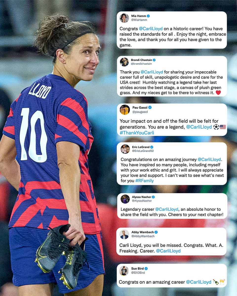 FOXSoccer's tweet photo. Athletes give praise to @CarliLloyd as her historic @USWNT career comes to an end ❤️👏 https://t.co/1NEvAxBfF1