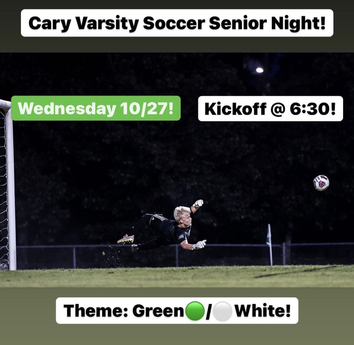 ‼️⚽️SENIOR NIGHT⚽️‼️
Come support the Cary soccer seniors tonight Vs. Middle creek
Game starts at 6:30 but come at 6 to support the seniors