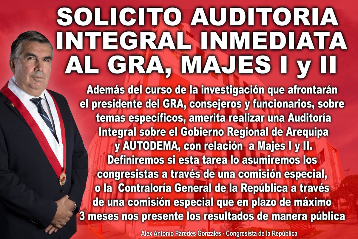 Alex Antonio Paredes Gonzales (@alex_paredes_g) on Twitter photo SOLICITAMOS AUDITORIA INTEGRAL INMEDIATA
SOBRE EL GRA, #MAJESSIGUAS I y II
Frente a flagrante omisión de funciones de OCI, CGR y Consejeros Regionales <a href="/ContraloriaPeru/">Contraloría del Perú</a> <a href="/Poder_Judicial_/">Poder Judicial Perú</a> <a href="/FiscaliaPeru/">Ministerio Público</a> SOLICITAMOS AUDITORIA INTEGRAL INMEDIATA
SOBRE EL GRA, #MAJESSIGUAS I y II
Frente a flagrante omisión de funciones de OCI, CGR y Consejeros Regionales <a href="/ContraloriaPeru/">Contraloría del Perú</a> <a href="/Poder_Judicial_/">Poder Judicial Perú</a> <a href="/FiscaliaPeru/">Ministerio Público</a>
