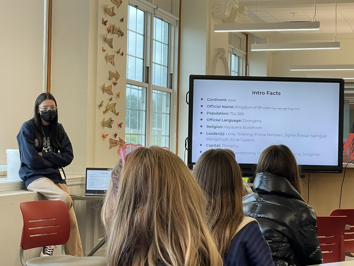 PerryWhs's tweet image. Today @WeehawkenTSD #MUN club Pres Charly Castillo &amp;amp; veteran member Jasper Tafferello present big pic basics re Bhutan 🇧🇹 and Turkmenistan 🇹🇲 to all members for conference delegate role play preparation. Thanks @BabTeacher for Media Center use @BhutanUN @UN #WeeLearn #WeeWork