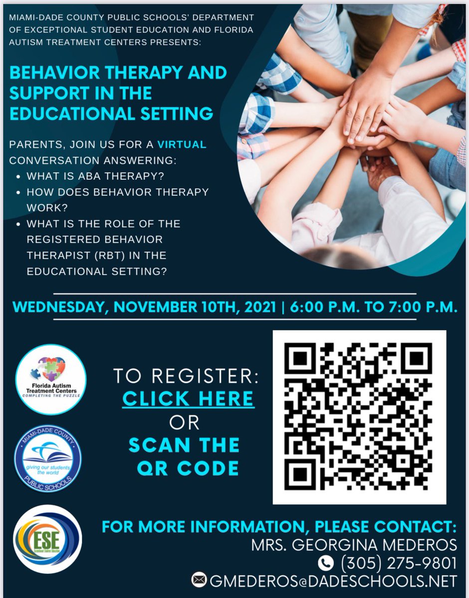 ArcolaLakeElem's tweet photo. Parents and guardians, please join M-DCPS Department of Exceptional Student Education for a virtual conversation about Behavioral Therapy in the classroom. Scan the QR code on this post to register and join us on November 10, 2021 from 6pm to 7pm. #abatherapy #mdcps https://t.co/imlsrU8l6J