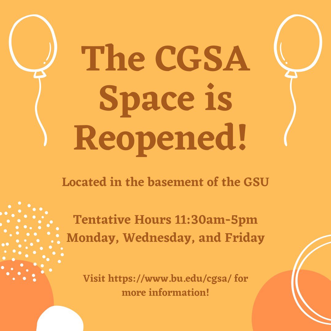 Due to scheduling issues, the CGSA will tentatively be open 11:30am-5pm on Mondays, Wednesdays, and Fridays. If you want to help us out so that we can return to full hours, feel free to fill out our volunteer application in our bio!!Can’t wait to see you all there!! :D