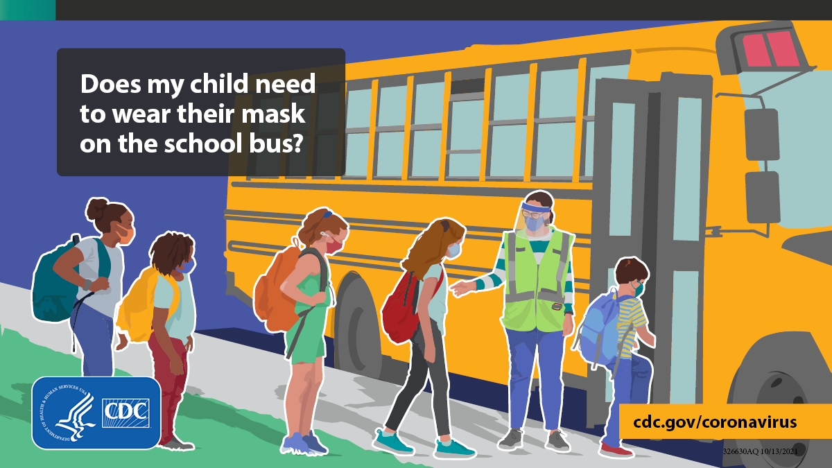 CDCgov's tweet photo. Everyone needs to wear a mask on public transportation, including school buses, even if they’ve been fully vaccinated against #COVID19. Students and drivers must wear a mask on school buses. Learn more: https://t.co/lBbMr0hQTg. https://t.co/JJeeq2dfdL