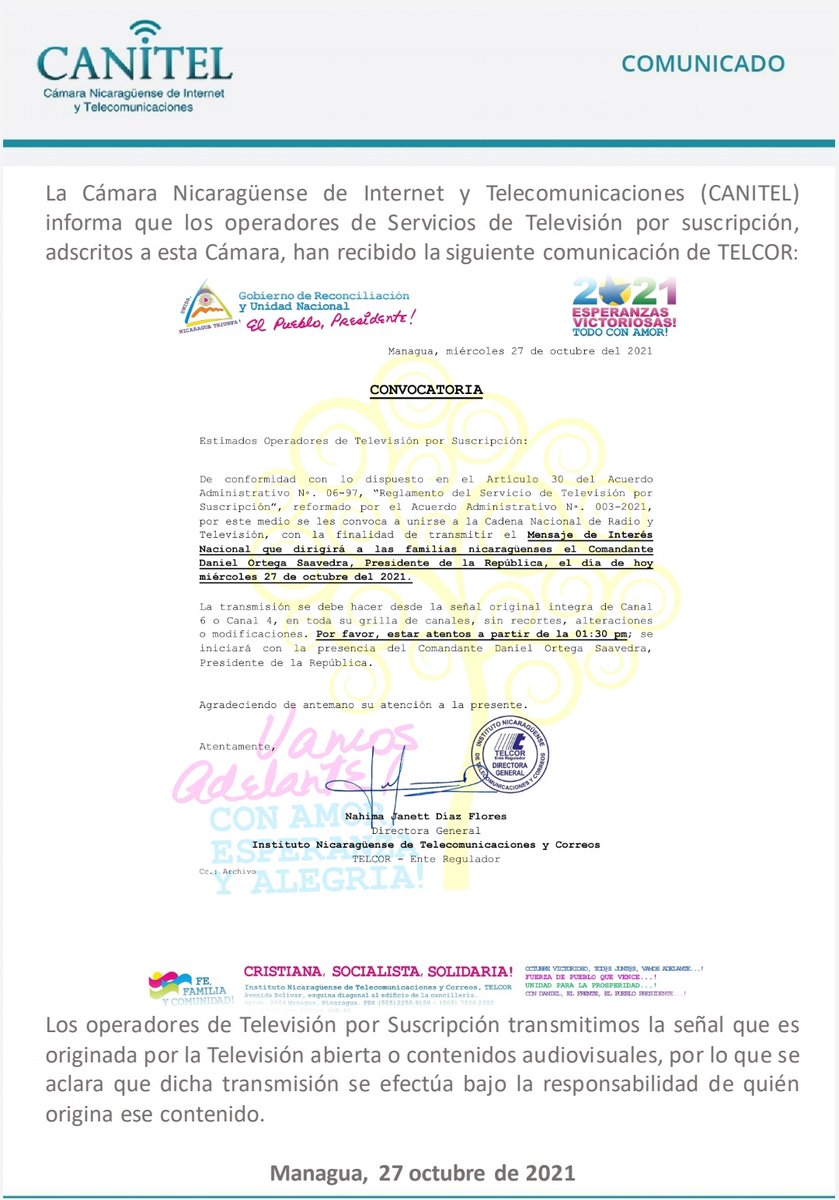 canitel2016's tweet photo. Informamos que los operadores de Servicios de Televisión por suscripción, adscritos a esta Cámara, han recibido de TELCOR la siguiente comunicación. https://t.co/krPqcQwUNT