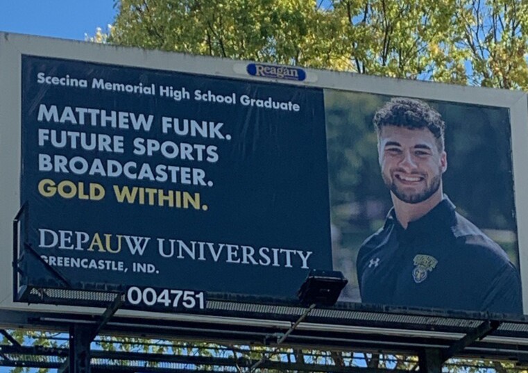 ScecinaNow's tweet photo. Look for this 2019 Scecina graduate on the billboard at 16th and Emerson in Indy!

Matthew Funk '19 is a junior at DePauw University majoring in communications. https://t.co/RLYVWgMrgr