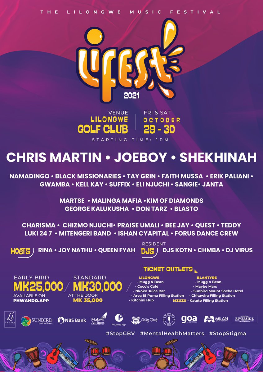 See you at the Lilongwe Music Festival 🎉 

📍 Lilongwe Golf Club
🗓 29th &amp; 30th Of October 2021

Get your early bird ticket from <a href="/phwando/">Phwando App</a> or a physical ticket at any of the outlets listed below!
