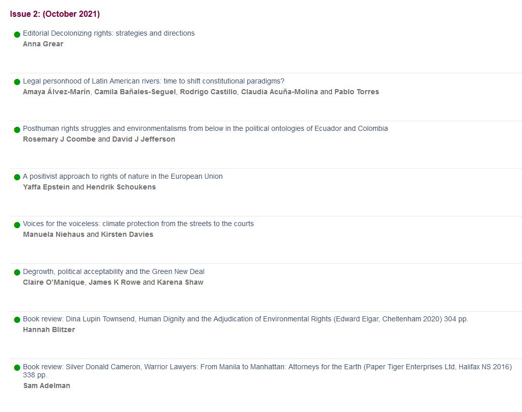 The new issue of the <a href="/JournalHRE/">Journal of Human Rights and the Environment</a> is out: this excellent collection of articles analyzes the legal status of rivers, rights of nature in Latin America and the European Union, climate protests and litigation, and the Green New Deal.
<a href="/ThargianMawn/">Anna Grear 👽 #FBPPR SERIOUSLY ANNOYING She/Her</a> <a href="/juliadehm/">Julia Dehm</a> 
elgaronline.com/view/journals/…