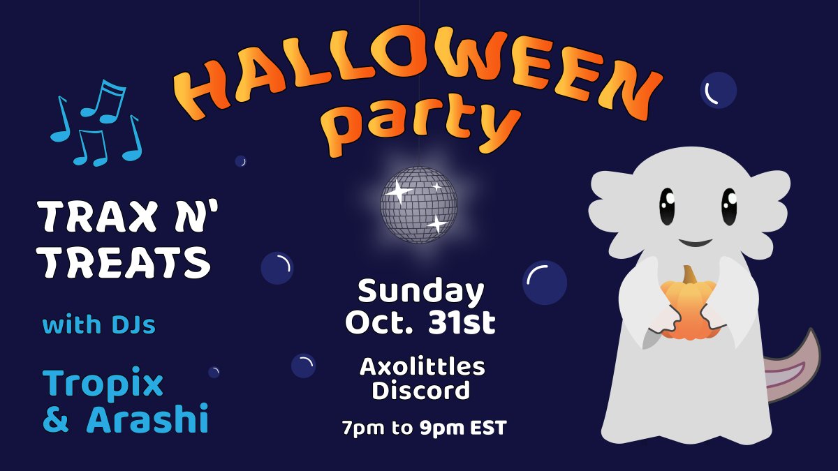 AxolittlesNFT's tweet photo. Boo! We’re hosting a Halloween party with two incredible DJ’s:  @TropixOfficial and @silentstorm76! Join us for two hours of music, pumpkin contest results, and a few other treats we've got up our sleeve :). 

Sunday, Oct 31st, 7-9pm EST in the Axolittles discord https://t.co/WRS7wUGPnI