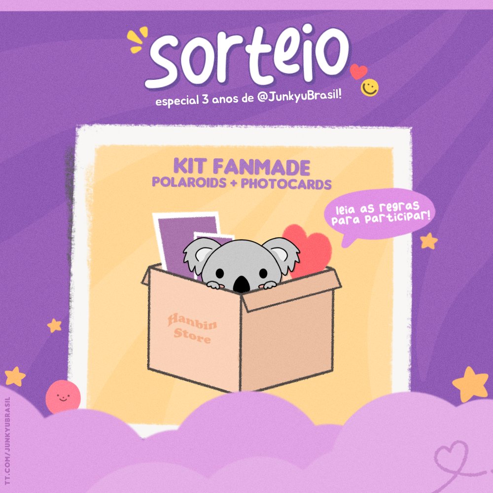 JunkyuBrasil's tweet image. [🌟] SORTEIO! 3° aniversário da JunkyuBrasil 🎉

Em comemoração ao aniversário da fanbase, vamos sortear um kit fanmade em parceria com a @HanbinStore!

Regras:
- Seguir @JunkyuBrasil e @HanbinStore
- RT + FAV nesse tweet
- Marcar um amigo + @treasuremembers 

+INFOS no banner ⬇️