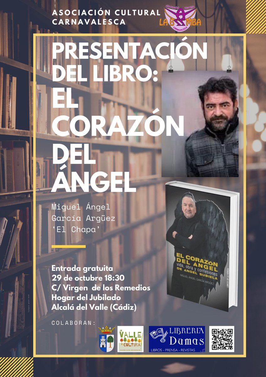 El mejor plan para el viernes por la tarde lo tienes en Alcalá del Valle, con la presentación de EL CORAZÓN DEL ÁNGEL de <a href="/cronopiomiguel/">García Argüez</a> Vida, obra y confesiones de Ángel Subiela <a href="/ALCALAOFICIAL/">ALCALA DEL VALLE</a> <a href="/alkarnaval/">🄰🄻🄺🄰🅁🄽🄰🅅🄰🄻⊡🄴🅂</a> <a href="/telealcala/">TELEALCALA</a> <a href="/FibrAlsetTV/">FibrAlset TV</a> <a href="/labambaalcala/">Asociación CC La Bamba</a> #carnaval #literatura #libros