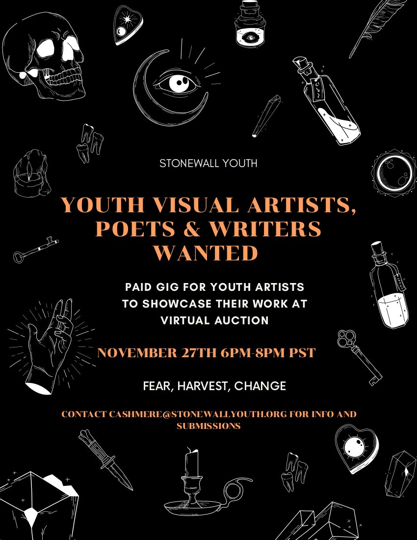 SEEKING ARTISTS!

Stonewall Youth is seeking youth visual artists, story-tellers, musicians poets to perform at a virtual event on Nov 27th. Prerecording and live performances are ok. PAID GIG.

Detailed submission guidelines at stonewallyouth.org/creatives-harv…