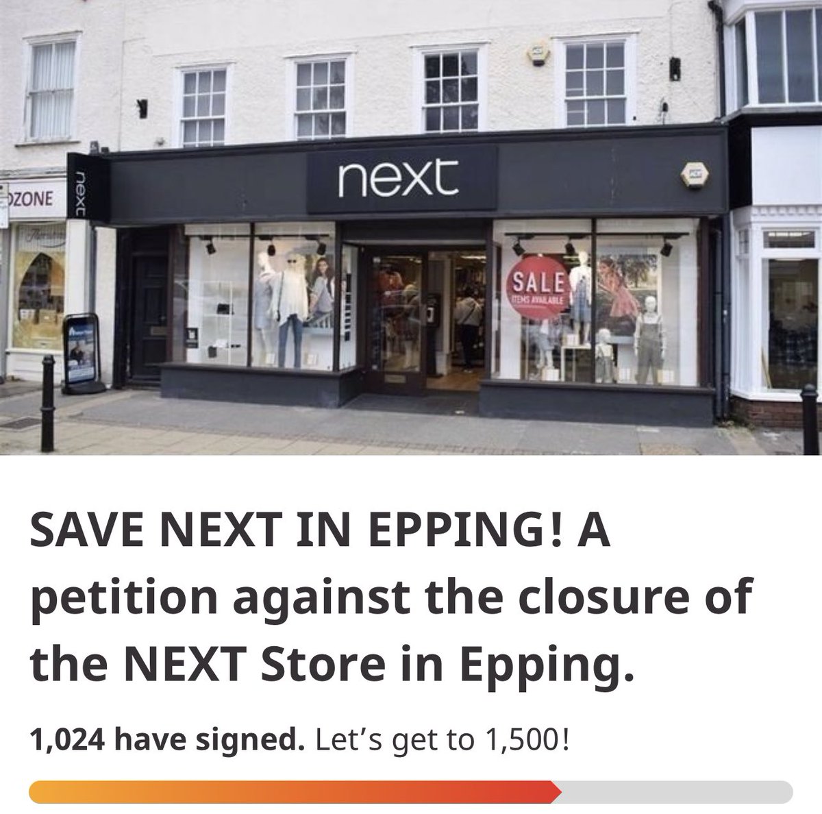 HollyLWhitbread's tweet photo. Wow! 1000+ signatures to #savenextepping in 24 hours.

Showing the level of support for the store in #Epping High Street.

I hope @nextofficial will review and reverse their decision to close the store. 

Sign the petition here: https://t.co/Oc5lV4fra8

#CM16 #Essex #EppingForest https://t.co/AG8uIityGj