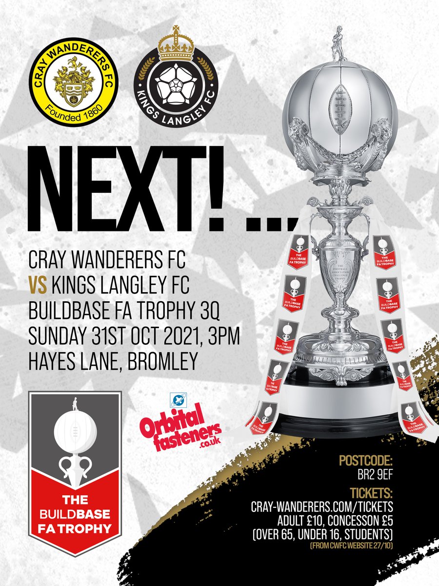 KLFCofficial's tweet image. UP NEXT... We are on the road (the M25!) in the FA Trophy! 🏆
@OfficialWands vs 👑
📅Sunday 31st October
⏲️3pm KO
🏟️Hayes Lane, Bromley, BR2 9EF
🎟️£10 Adults, £5 Concessions
➡️Buy here: cray-wanderers.com/tickets/
📣Let&apos;s get a good following to support the KINGS!