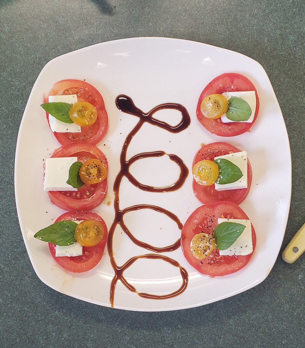 A well-planned caprese salad (with homemade mozzarella). It was fun to hear these boys talk about flavors, seasoning, &amp; appearance. They tasted, compared, &amp; balanced their flavors until it was perfect. Their presentation was amazing. Great job Tyler, John, and Saul!  #gkcogs