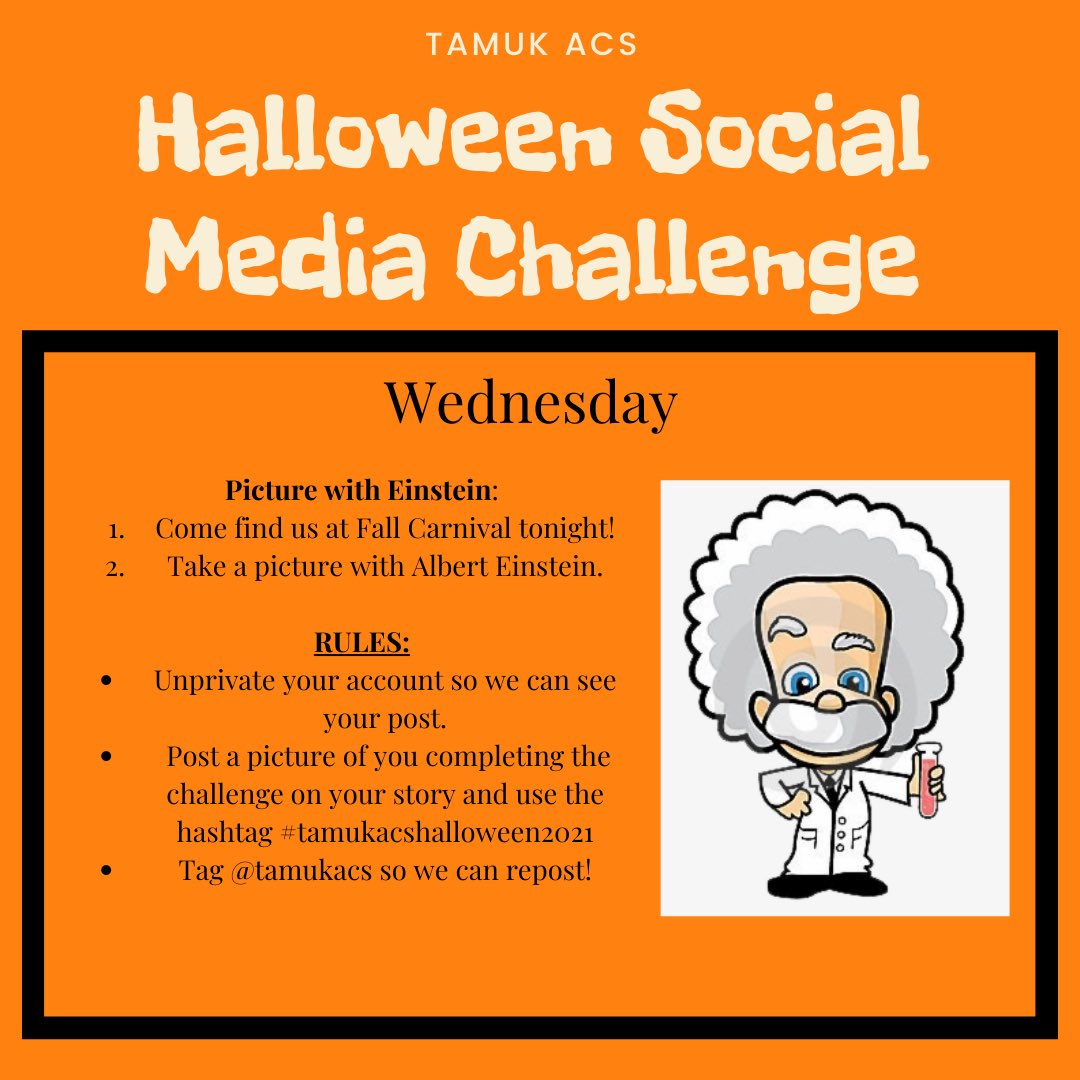 tamukacs's tweet photo. 𝐅𝐀𝐋𝐋 𝐂𝐀𝐑𝐍𝐈𝐕𝐀𝐋: 𝐅𝐈𝐍𝐃 𝐄𝐈𝐍𝐒𝐓𝐄𝐈𝐍:

Wednesday 𝕆𝕔𝕥 𝟚𝟟𝕥𝕙 Challenge 

Want a chance to win an ACS Spooky basket??? Try out the FALL CARNIVAL: FIND EINSTEIN challenge!

#ACS #ACSTAMUK #tamukacshalloween2021 @JavelinaNation https://t.co/RCVAzCQQgX