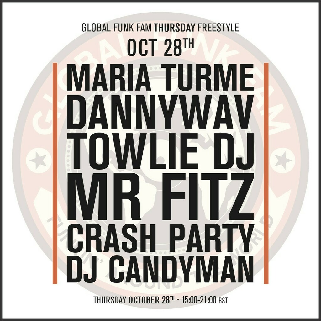globalfunkfam's tweet photo. Tune in to the Global Funk Fam Thursday Freestyle Raid Train tomorrow (Thursday Oct 28th) from 3pm (bst)
This week featuring:
@mturme | @dannywav | @towliedj | @djmrfitz | @crashpartyuk | @dj_candyman 

#beats #bass #funk #drumnbass #breaks #rave #turntabalism #house #disco … https://t.co/DKeJKWvJQf
