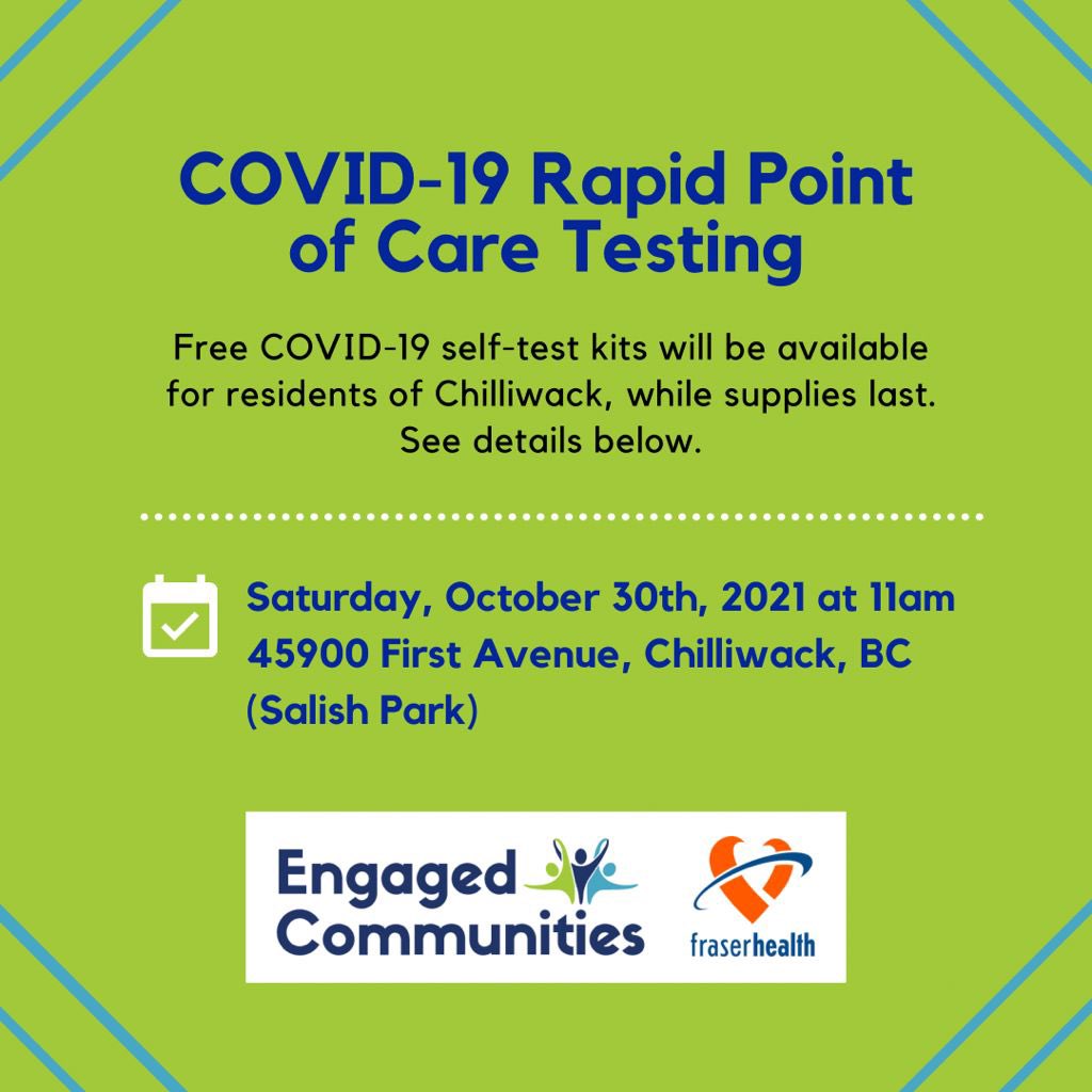 EngagedCommuni2's tweet photo. COVID-19 Rapid Antigen Testing device distribution and usage training will occur this Saturday Oct 30th 11am for residents of Chilliwack who are unvaccinated or ineligible for vaccination. 

https://t.co/hTNUw4n44v 

#together #community #publichealth #empowered #equity #COVID19 https://t.co/auOUTPLvka