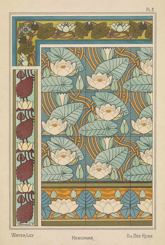 PublicDomainRev's tweet photo. Water-lilies (nenuphar) from Eugène Grasset's Plants and Their Application to Ornament (1896), a wonderful pictorial summation of his key ideas about natural forms and decorative motifs.

More here: https://t.co/Y8tIMrlUvb https://t.co/72bP790vot