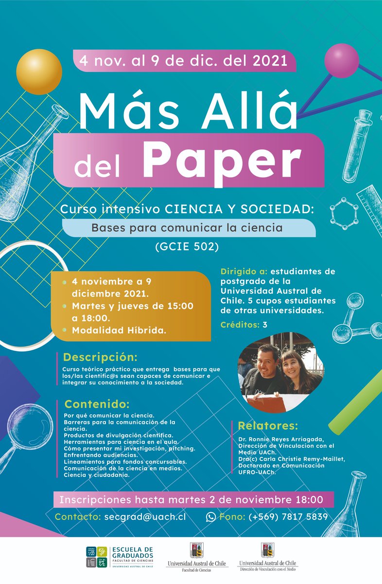 Aún quedan cupos para curso online de postgrado "Ciencia y Sociedad: Bases para comunicar la ciencia" que inicia el 4 de noviembre en <a href="/cienciasuach/">Facultad de Ciencias, UACh</a> <a href="/VinculacionUACh/">Vinculación UACh</a> <a href="/UAustraldeChile/">Universidad Austral de Chile</a>. Hay cupos para estudiantes de otras universidades <a href="/CEPUACH/">CEP UACh</a> <a href="/RedInvestChile/">Asociación Red de Investigadoras</a> <a href="/Achipec/">ACHIPEC</a> <a href="/ANIP_Chile/">ANIP Chile</a>