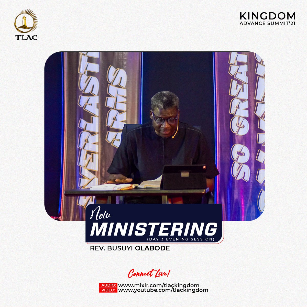 tlackingdom's tweet photo. Now Ministering:
Rev. Busuyi Olabode is currently ministering God's word at the ongoing Kingdom Advance Summit.
Stream live via
https://t.co/lONJ81A28u for AUDIO
https://t.co/6MmZazq9sE for VIDEO
#KAS21
#TLAC
#Day3pm
#RevBusuyiOlabode https://t.co/H8guWhQ6Qs